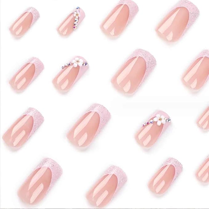 3D Flower Fake Nails Square Pink French Press on Nails Long Bling Glossy Rhinestone False Nail Tips Artificial Nails Finger Manicure for Women and Girls 24pcs