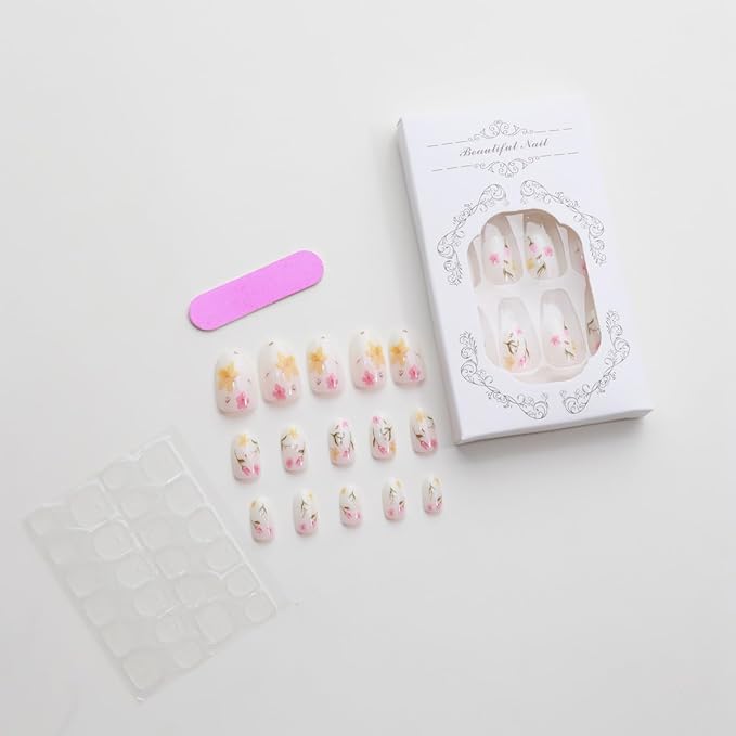 24Pcs Flower Press on Nails Medium Almond Fake Nails with White Pink Flower Fallen Leaves Design Full Cover Artificial Glue on Nails Cute False Nails Spring Stick on Nails Nude Nail Supplies for Women
