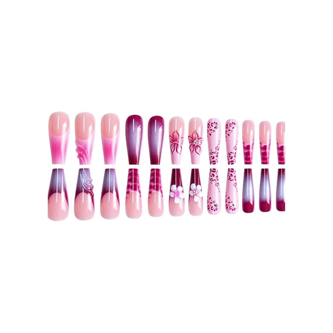 Long Press on Nails Coffin Fake Nails with Pink Floral DesignsFalse Nails French Artificial Nails Purple Stick on Nails for Women 24pcs