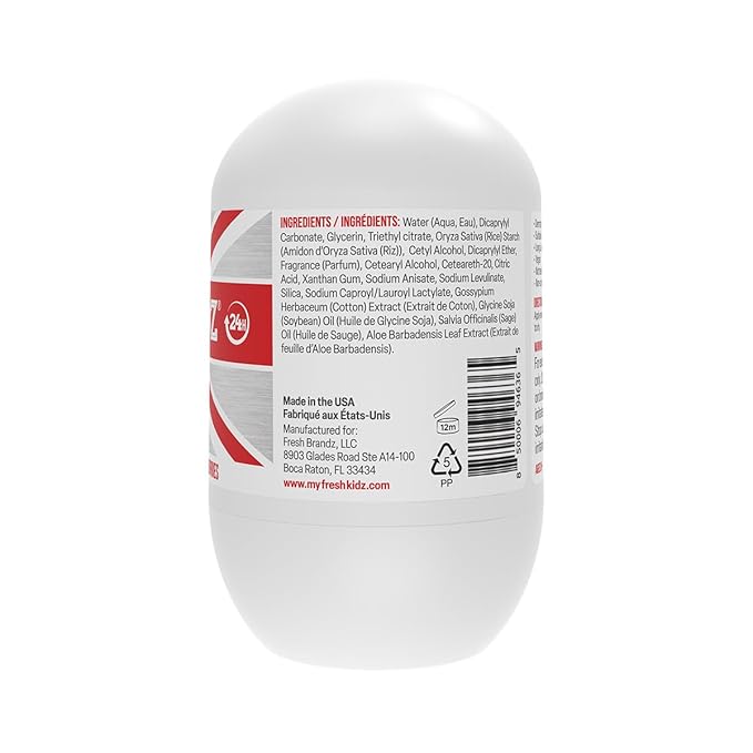 Fresh Kidz Roll On Deodorant for Kids and Teens - Baking Soda and Aluminum-free 24 Hour Protection for Sensitive Skin - Boys "Red" 1.86 fl.oz. (2 Pack)