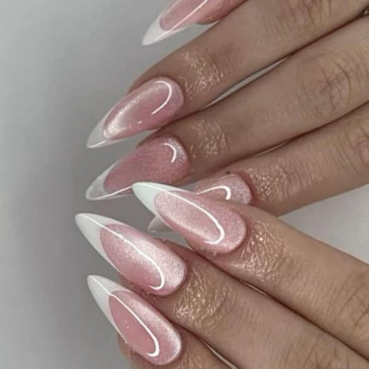 French Tip Press on Nails Medium Almond Fake Nails Cat Eye Chrome False Nails Press ons Glossy Pink Glue on Acrylic Nails for Women Manicure Deco 24Pcs