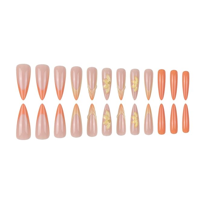 Long Press on Nails Almond shaped False Nails Nude Pink and Orange Fake Nail Artistic 3D Flower Stick on Nail for Women 24pcs