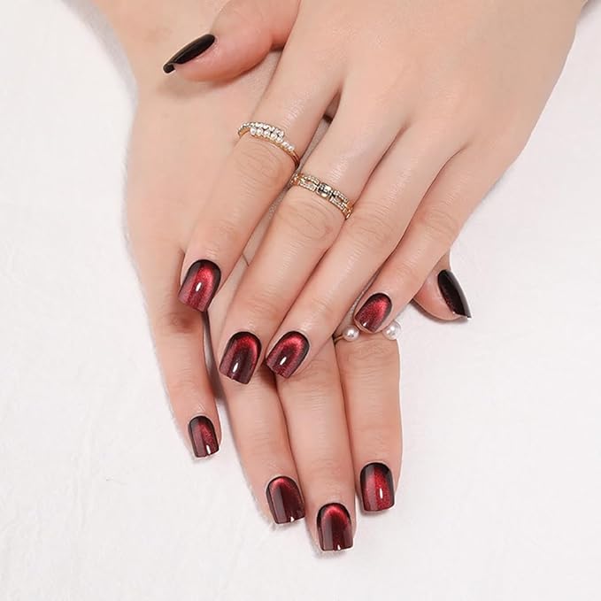 evpct Wine Red Cat Eye Extra Short Press on Nails Square, Petite Short Square Glue on Nails for Women Gift, Black Wine Red Metallic Glitter Glossy Reusable Gel Press on Acrylic Fake Nail with Designs