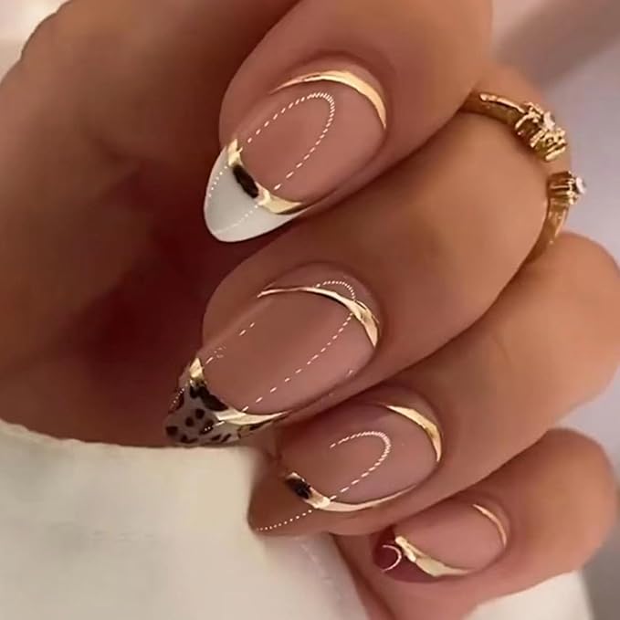 144 Pcs Press on Nails Medium Almond Fake Nails with Glue French Tip False Nails with Designs Glue on Nails Full Cover Acrylic Stick on Nail Reusable Artificial Nail for Women Manicure 6 Packs