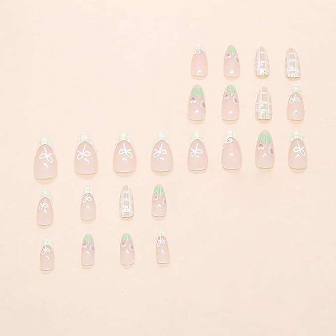 24Pcs French Tip Press On Nails with Weave French Nail Tips Design Medium Almond Acrylic False Nails Tulip Flower Summer Full Cover Glossy Glue on Nails for Women Girls