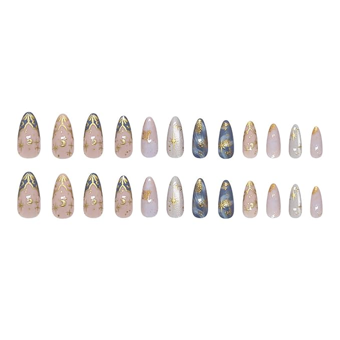 24Pcs Gold Star Press on Nails Medium Almond Fake Nails 3D Gold Chrome Star Moon Glossy Designs Nude Pink Stick on Nails French Tip False Nails Full Cover Acrylic Artificial Nails for Women Girls