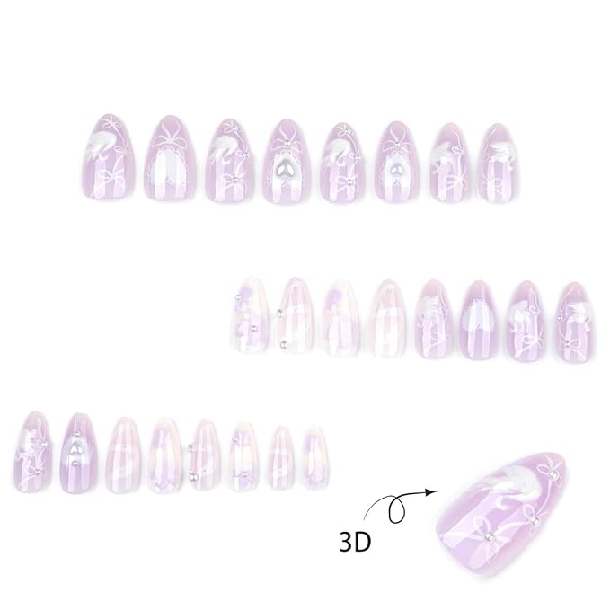 24Pcs Almond Press on Nails Medium Light Purple Fake Nails with Pearls Charms 3D Swan Ribbon Heart Luxury Nail Design Cute Bow False Nails Glossy Reusable Acrylic Glue on Nails for Women