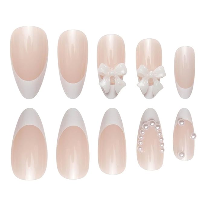 Press on Nails Almond Medium Pearl White Fake Nails French Glossy 3D False Nail Tips Artificial Nails Finger Manicure for Women&Girls -24 pcs