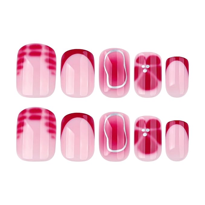 Short Square Press on Nails with Red Flower Designs Of Silver Lines Fake Nails Nude Acrylic Press ons Nails Full Cover Stick on Nails Reusable for Women Manicure Kit 24 Pcs