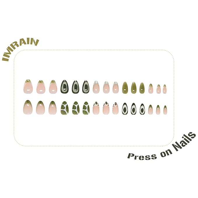 IMRAIN Press on Nails Medium Almond Fake Nails Green French Tip False Nails with Crocodile Print Designs Glossy Glue on Nails Full Cover Acrylic Artificial Stick on Nails for Women Girls 24Pcs