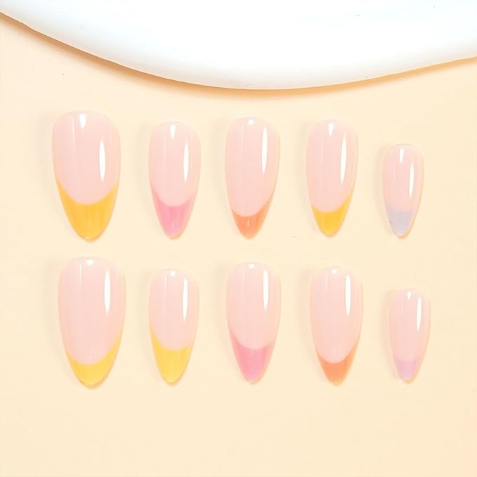 Fall French Tip Press on Nails Medium Almond False Nails With Colorful French Tip Design Full Cover Glue on Nail Reusable Colorful Acrylic Fake Nails Glossy Artificial Stick on Nail for Women