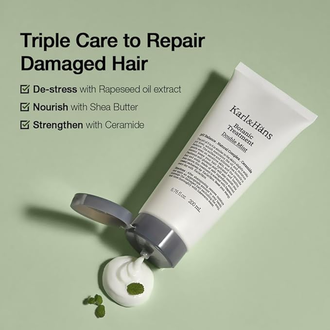 Karl&Hans Botanic Double Mint Conditioner Hair Treatment -Organic, Silicone-Free, Revitalizing Care for Frizzy Hair with Ceramide & Natural Extracts for All Hair Types, 6.76 fl oz