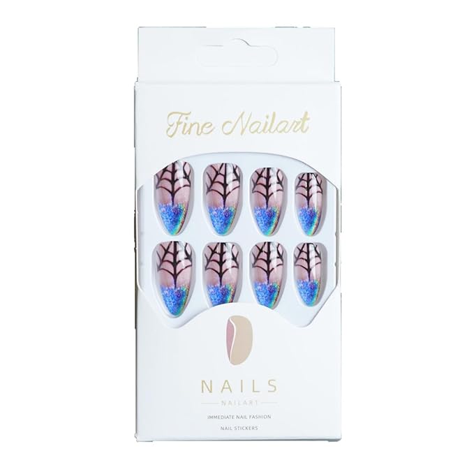 24Pcs Black Spider Web Press on Nails Medium Almond Halloween Fake Nails Laser Tip Glitter Design Full Cover Glue on Nail Goth False Nails Stick on Nails Holiday Nail Art Supplies for Women Manicure