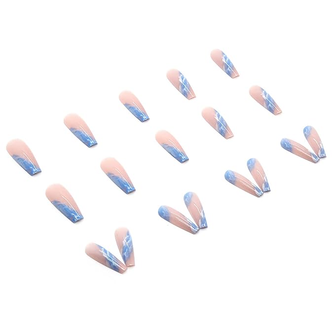 BABALAL Coffin Press-on Long French False Nails - 24pcs Blue Glossy Acrylic Nails with Nail Glue