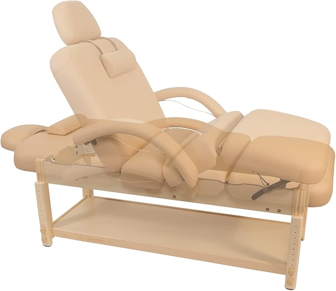 Professional Massage Table - Heavy Duty Stationary Spa Bed with Adjustable Headrest and Pneumatic Lift System - Includes Headrest and Arm Rests - Beige