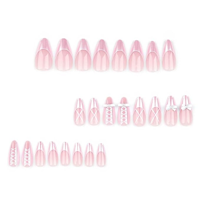 Press on Nails Medium Long Pearl Pink Fake Nails Almond Glossy 3D False Nail Tips Artificial Nails French Finger Manicure for Women and Girls-24pcs