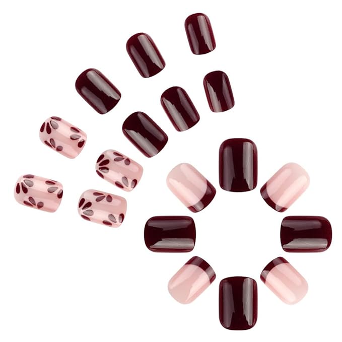 24Pcs Square Press on Nails Short Fake Nails with Brown Red Flower Designs Full Cover Glossy Acrylic False Nails Natural Fit French Tip Glue on Nails Stick on Nails for Women Spring Summer Nail Art