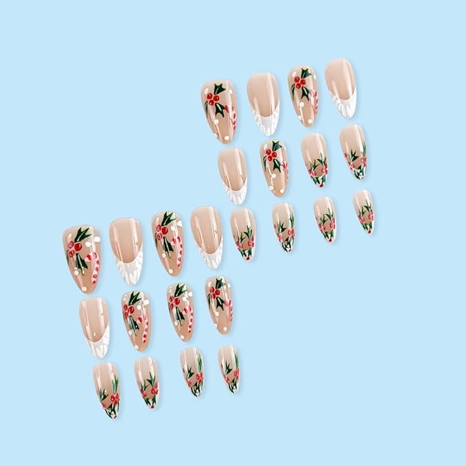 24Pcs Christmas Press on Nails Medium Almond Fake Nails with Xmas Holly Candy Designs 3D Embossed French Tip False Nail Full Cover Acrylic Nails Cute Snowflake Christmas Stick on Nail for Women