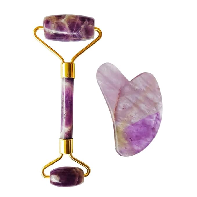 Amethyst Massage Roller and Gua sha Set | Reduces Wrinkles, Fine lines and Dark Circles | Pink Jade Roller | Anti-aging Massager for Skin Toning and Tightening for Face, Eyes, Neck