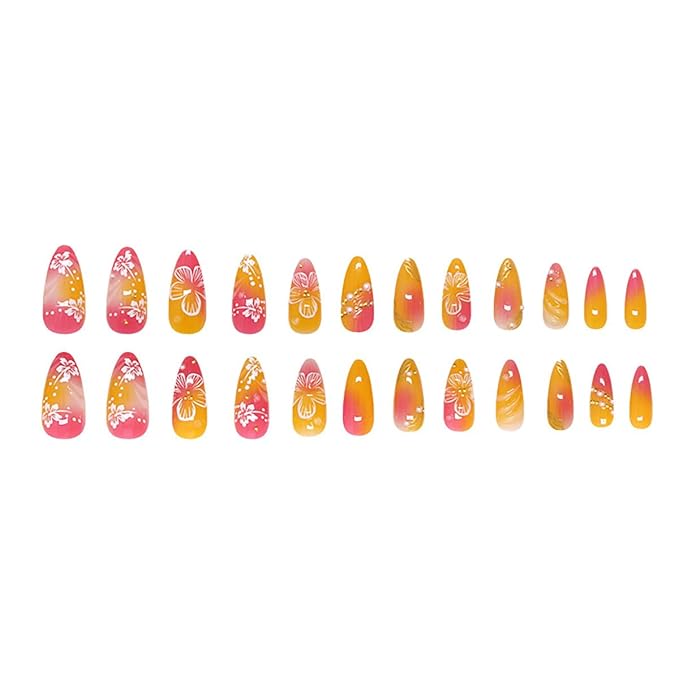 24Pcs Spring Summer Press on Nails Medium Almond Fake Nails Hibiscus Flower with 3D Rhinestones Glitter Designs Full Cover Artificial Glue on Nail Flowers False Nails for Women Girls Acrylic Nails