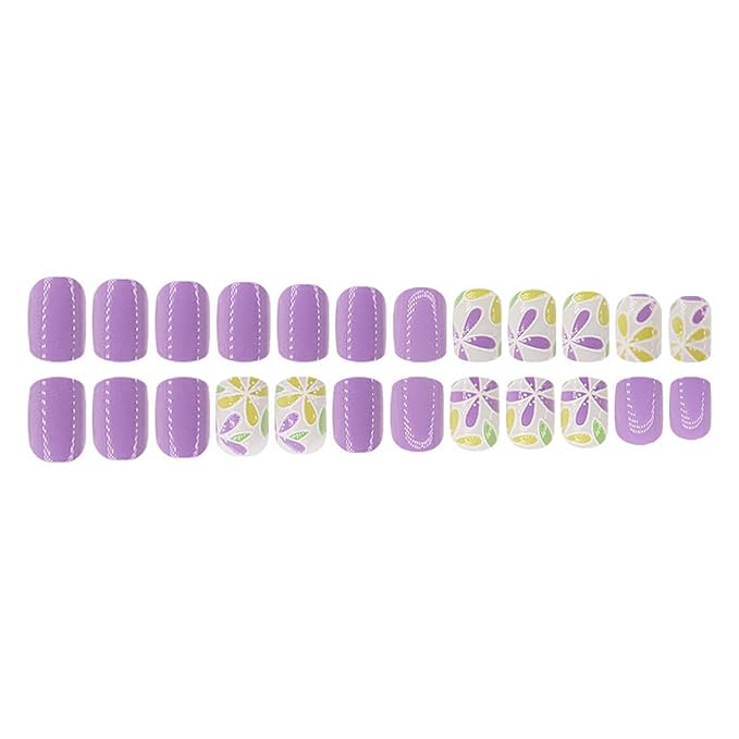 24Pcs Flower Press on Nails Short Square Fake Nails with Purple Yellow Flower Design Glossy Full Cover Artificial Glue on Nails Spring Summer Stick on Nails Cute Artificial Nails for Women Nails Kit