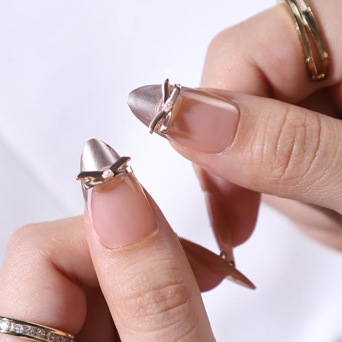 French Tip Press on Nails Medium Almond Fake Nails Bow Charms Full Cover Stick on Nails Nude Pink False Nails with Pearl Rhinestone Nail Tips Designs Acrylic Nails for Women Girls 30 Pcs