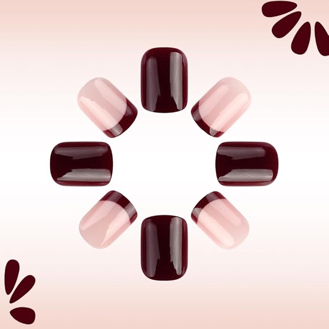 24Pcs Square Press on Nails Short Fake Nails with Brown Red Flower Designs Full Cover Glossy Acrylic False Nails Natural Fit French Tip Glue on Nails Stick on Nails for Women Spring Summer Nail Art