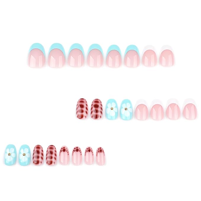 Almond Shaped Press on Nails Short Oval False Nails with Designs Blue White French Tips Glue on Nails Leopard Print Flowers Acrylic Nails Glossy Full Cover Stick on Nails for Women Manicure 24 Pcs