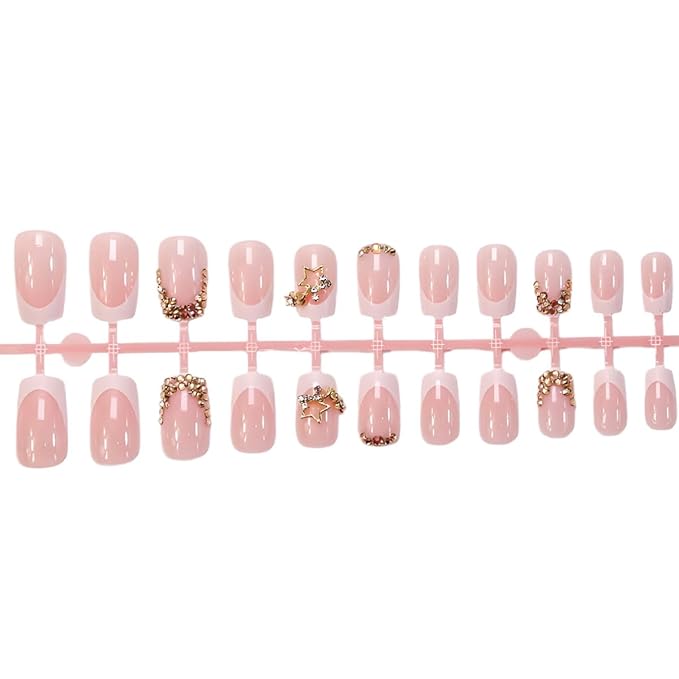 24Pcs Gold French Tip Press on Nails Short Square Fake Nails with Star Rhinestones Design Glitter False Nails Full Cover Artificial Glue on Nails Cute Stick on Nails Reusable Nail Supplies for Women
