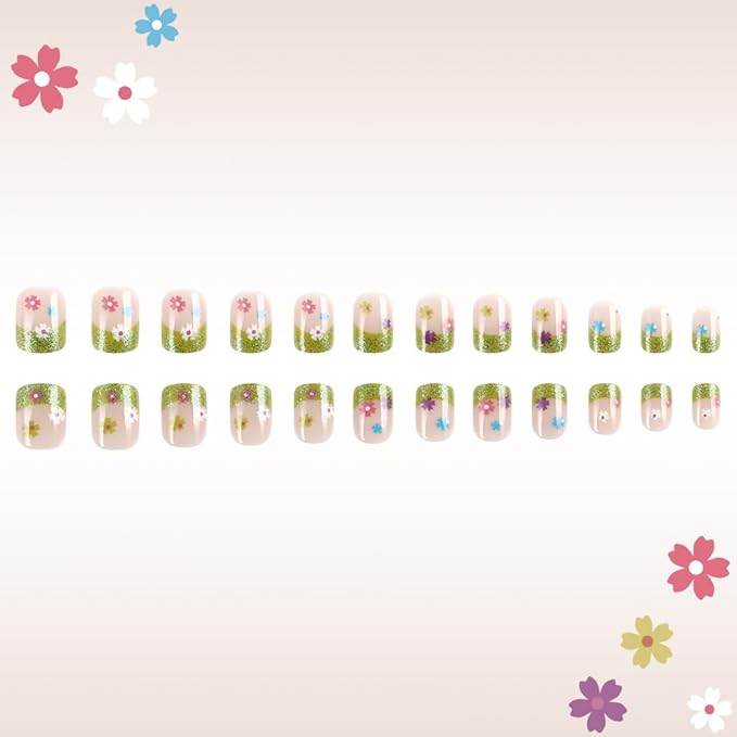 Spring Press on Nails Square Short Fake Nails Green French Tip False Nails with Colorful Flower Design Cute Acrylic Nails Press ons Small Flowers Glue on Nails Reusable Stick on Nails for Women 24Pcs