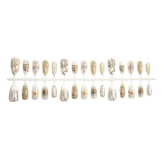 30Pcs Summer Beach Press on Nails Medium Almond Gold Fake Nails with 3D Pearl Seashell Designs Stick on Nail Cute Starfish False Nails Ocean Theme Glue on Nail Acrylic Nails for Women Manicure DIY