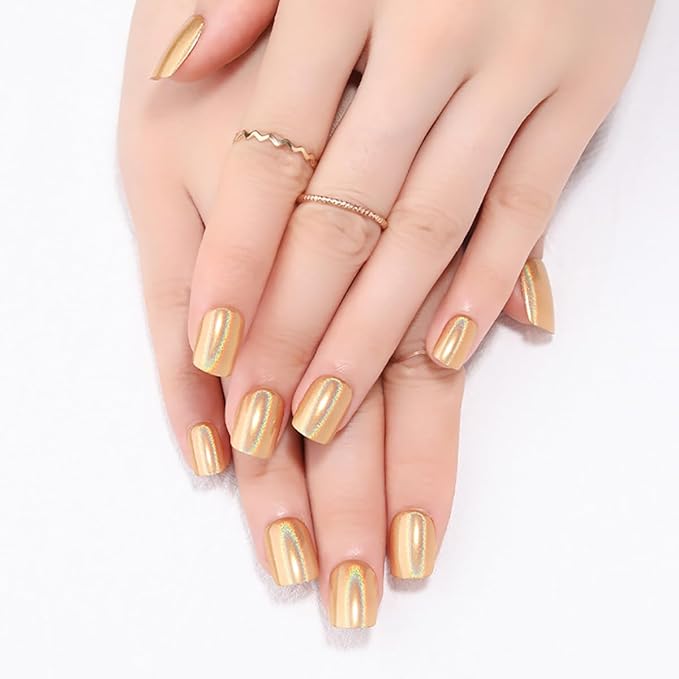 24Pcs Gold Holographic Acrylic Press on Nails Short Square - Reusable Fake Nails with Nail Glue Kit, Long Lasting Chameleon Static Nails for Women Daily Wear & Parties (Glossy Laser Design)