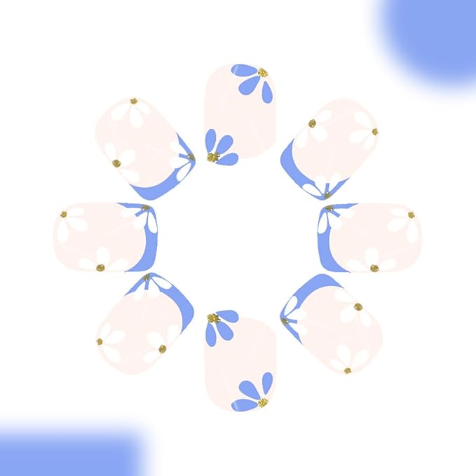 Flower Press on Nails Short Square Fake Nails French Tip False Nails Full Cover Glossy Acrylic Glue on Nails Spring Summer Cute Daisy Stick on Nails Nude Aritificial Nails for Women Manicure 24 Pcs