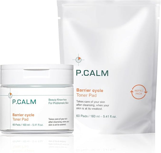 P.CALM Barrier Cycle Toner Pad Refill Pack – 120 Pads (60 + 60) with Centella Asiatica & Papaya Extract for Soothing, Moisturizing & Exfoliating, Korean Vegan Facial Toners Pads for Sensitive Skin