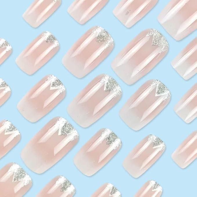 24pcs Short Press-on Nails Square False Nails with Geometric Design, Glitter Gradient Artificial Nails