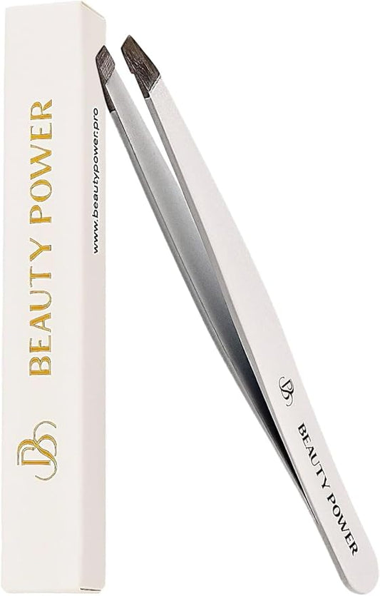 Slant Tip Precision Tweezers - Stainless Steel Eyebrow Tweezers for Women & Men - Precision Tweezers for Facial Hair, Ingrown Hair & Brow Shaping - Professional Beauty Tool (White)