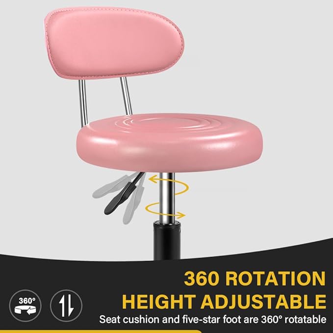 Rolling Stool with Wheels Swivel Stool with Back Height Adjustable Chair Ideal for SPA Salon Home Office Drafting Work (Pink)