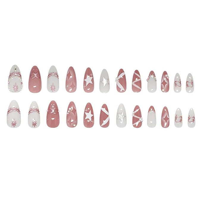 24Pcs Cute Bow Press on Nails Medium Almond Fake Nails Star with Rhinestones Pearl Glitter Designs Stick on Nails Pink Full Cover Glue on Nails French Tip False Nails for Women Girls Acrylic Nails DIY
