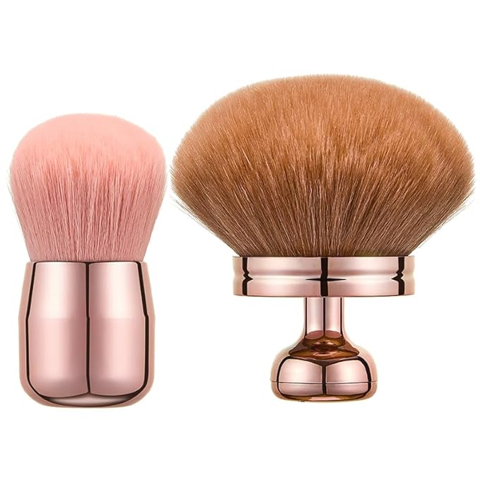 2-Piece Luxury Kabuki Brush Set for Body & Face - Extra Large Fluffy Makeup Brush for Self Tanner, Foundation & Loose Powder, Back Lotion Applicator, Super Soft Bristles (Rose Gold with Gift Box)