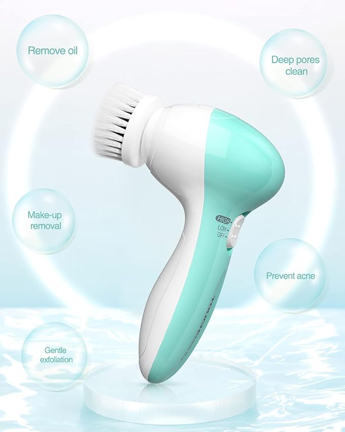 Electric Facial Cleansing Brush for Women, 3-in-1 Face Cleanser and Exfoliator Brush with 3 Brush Heads, 2 Speeds, Waterproof Spin Brush, Portable Travel Case (Green, Battery Operated)