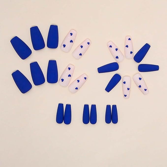 RikView Long Fake Nails Coffin Press on Nails with Hearts Design Blue Nails Matte Full Cover Nails for Women 24 PCs/Set