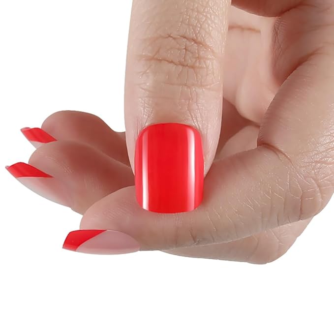 Red French Tip Press on Nails Short, Square Fake Nails Kit, Glossy Gel Finish Acrylic Press On Nails, Natural Glue On Nails, Reusable Stick On Fake Nails for Women, 24Pcs