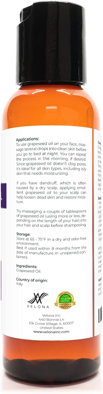 Grapeseed Oil by Velona - 2 fl oz | 100% Pure and Natural Carrier Oil | Refined, Cold Pressed | Cooking, Skin, Face, Body, Hair Care | Use Today - Enjoy Results