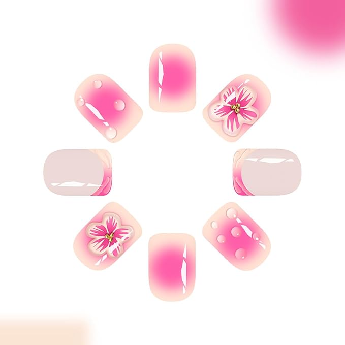 24Pcs Short Square Press on Nails Pink Gradient French Tip Fake Nails with 3D Flower Water Ripple Design Glue on Nails Glossy Acrylic Nails Summer Full Cover Stick on Nails for Women Girls Daily Wear