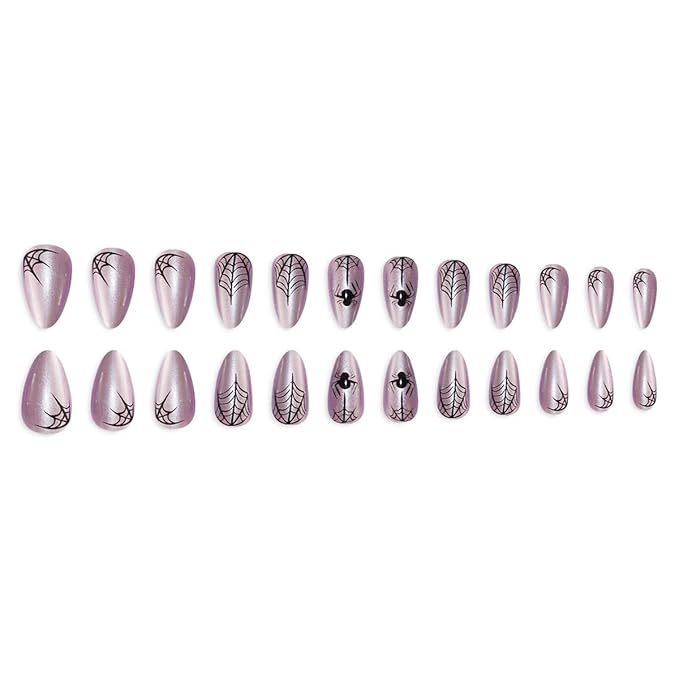 24Pcs Halloween Press on Nails Medium Almond Fake Nails with Spider Design Pink False Nail Shiny Glossy Glue on Nail Spider Web Full Cover Stick on Nails for Women Halloween Party Nail Supplies