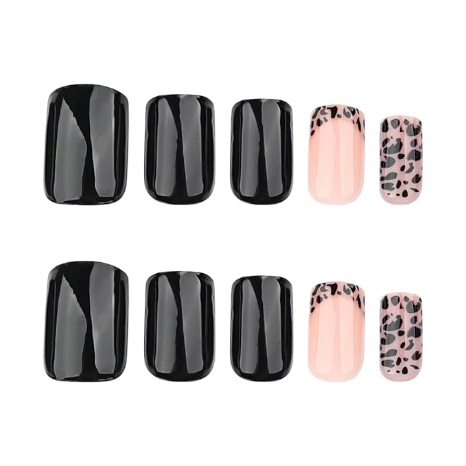 Leopard French Tip Press on Nails Short Square Shape Fake Nails Glossy Black and Pink Leopard Print Design Glue on Nails Full Cover Artificial Nails Short Stick on Nails for Women Girls, 24Pcs