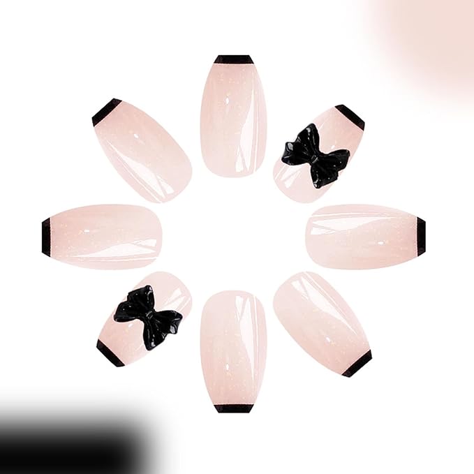 Short Press on Nails Coffin Fake Nails with 3D Bow Designs Black French Tip Nails Press ons Glossy Glue on Nails Nude Acrylic Nails Cute False Nails Artificial Stick on Nails for Women 24Pcs