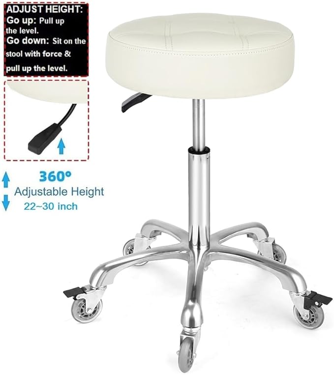 Adjustable Heavy Duty Stool - Rolling Stools with Locking Caster Wheels - Swivel Stools Backless Chair for Home Kitchen Office Shop Tattoo Lash Tech Pedicure(Off White, Height 22 to 30 in)