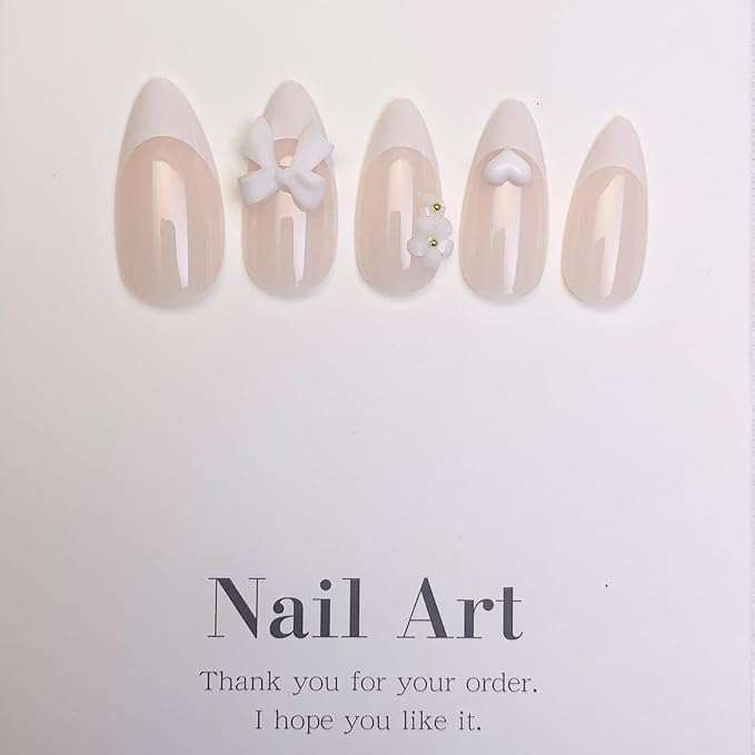 French Tip Press on Nails Medium Almond Fake Nails Bow Charms Stick on Nails with White Nail Tips Designs Heart Flowers Acrylic Nails for Women Girls 24Pcs