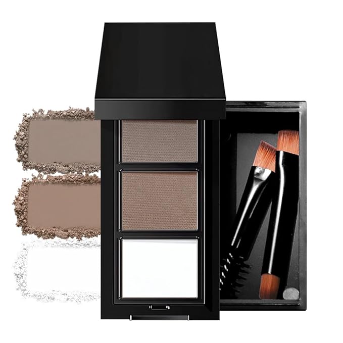 Brown Eye Brow Powder for Women, Light Medium Matte Gray White Eyebrow Powder Kit with Brush, Long-Lasting 3 Colors Brow Palette, Filler for Full, Defined Natural Brows Shaping